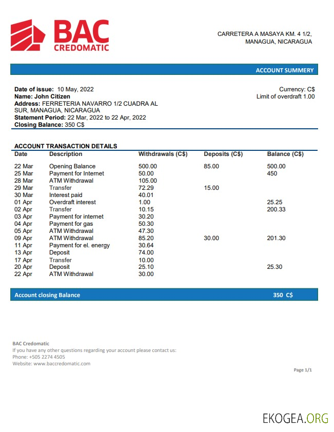Relevé bancaire Nicaragua BAC Credomatic template Relevé bancaire Nicaragua BAC Credomatic template